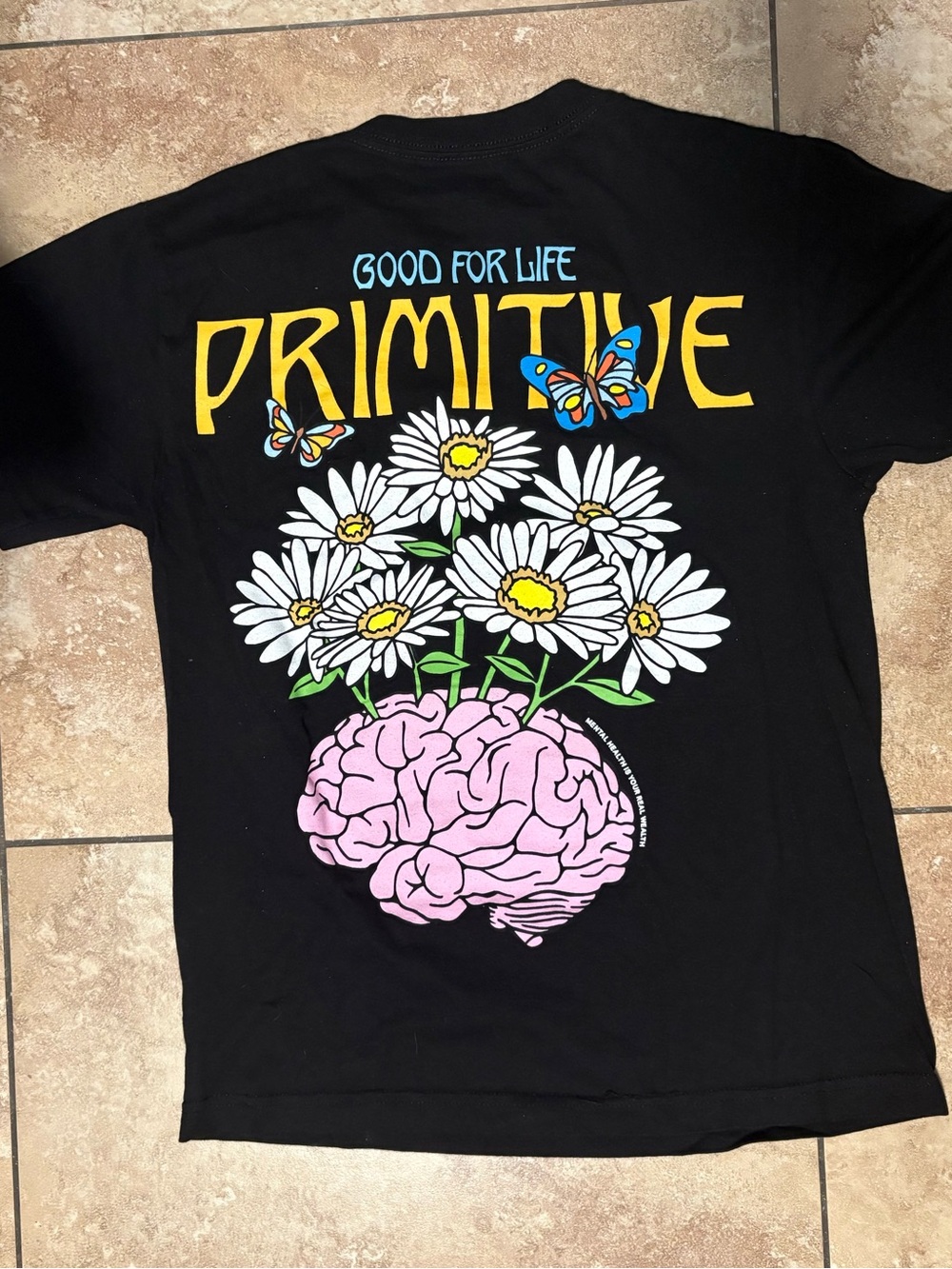 Primitive Men’s Black Graphic Tee with Daisy & Pink Brain Design